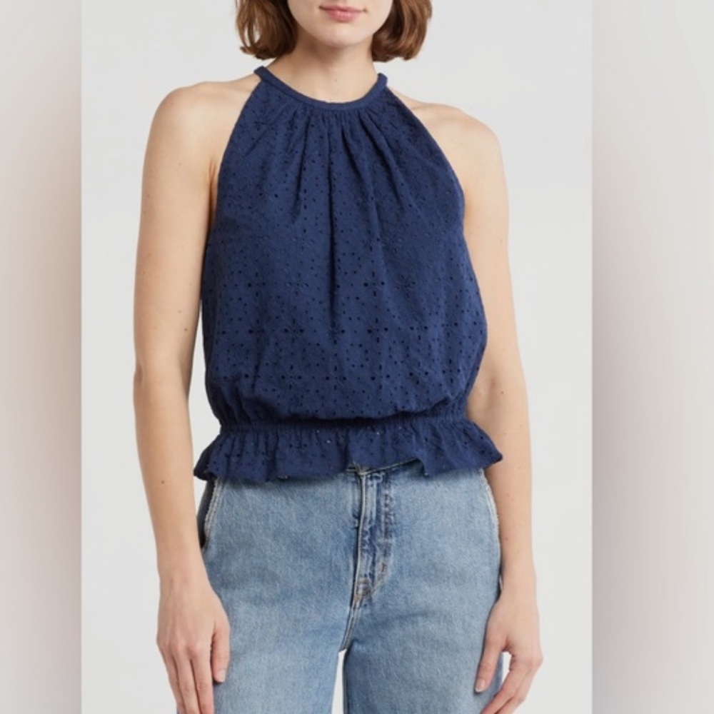 37. Ramy Brook $275 Sidnee Eyelet Embroidered Cotton Tank in navy blue